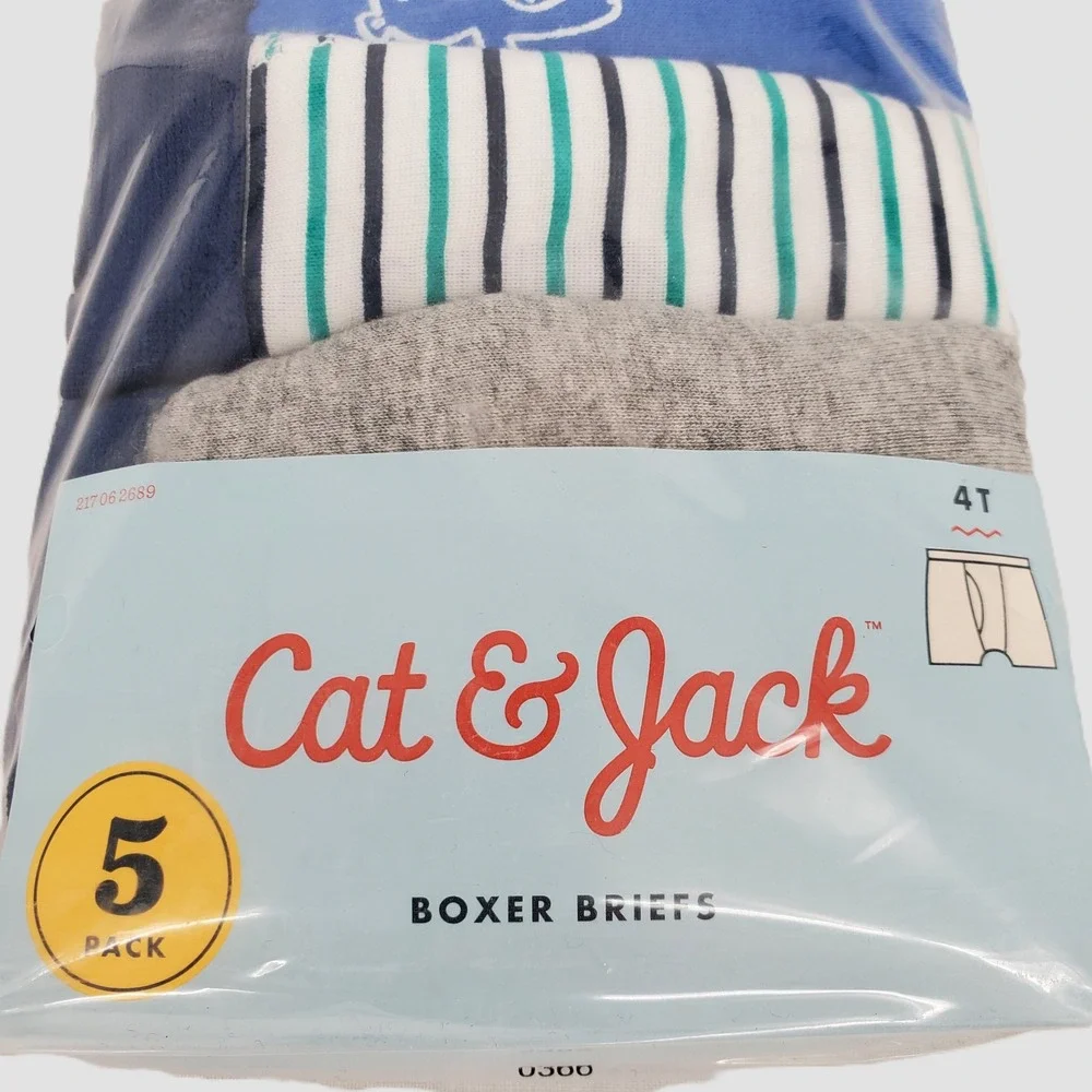 Cat & Jack‎ Boys Size 4T Boxer Briefs 5 Pack Blue Green Bear Stripes 100% Cotton